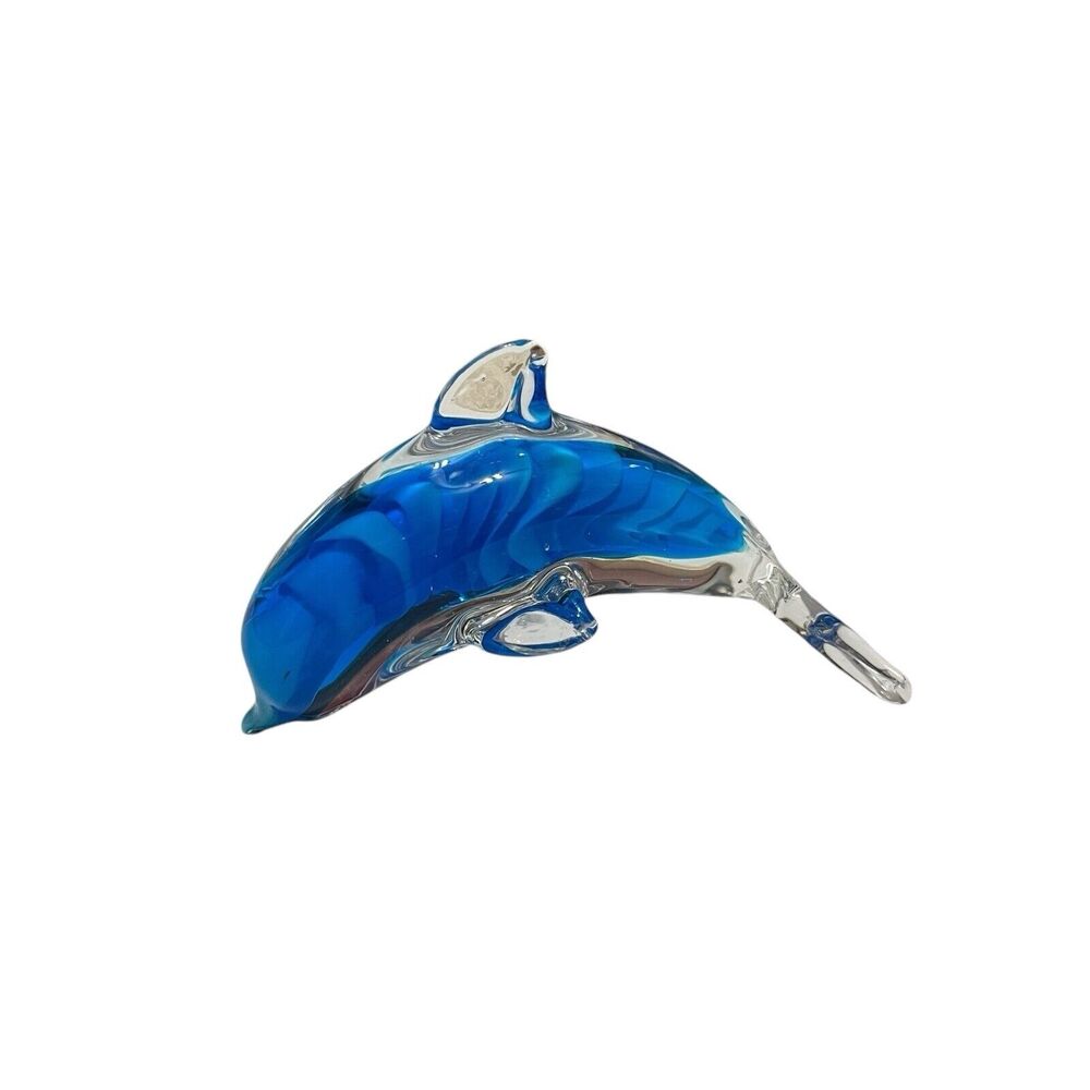 Hand Blown Glass Art Blue Dolphin Paper Weight Figure Figurine